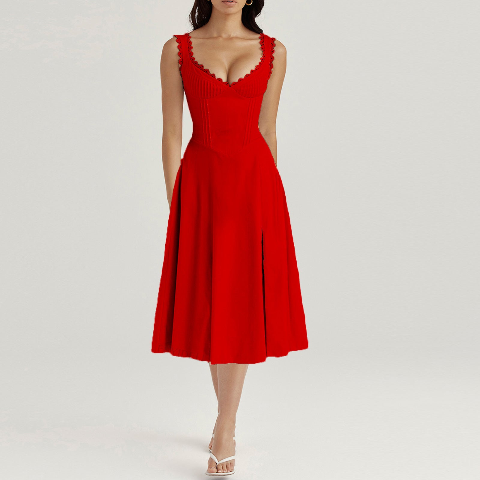 Lace-Trim Corset Midi Dress with Side Slit - Chiccharm