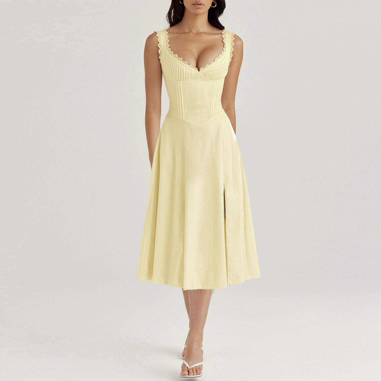 Lace-Trim Corset Midi Dress with Side Slit - Chiccharm