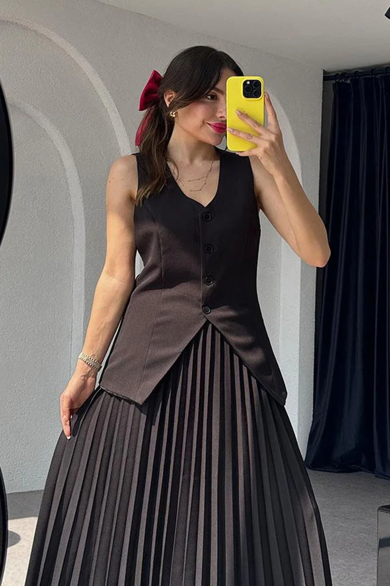 Vest with Maxi Pleated Skirt Two-piece Set - Chiccharm