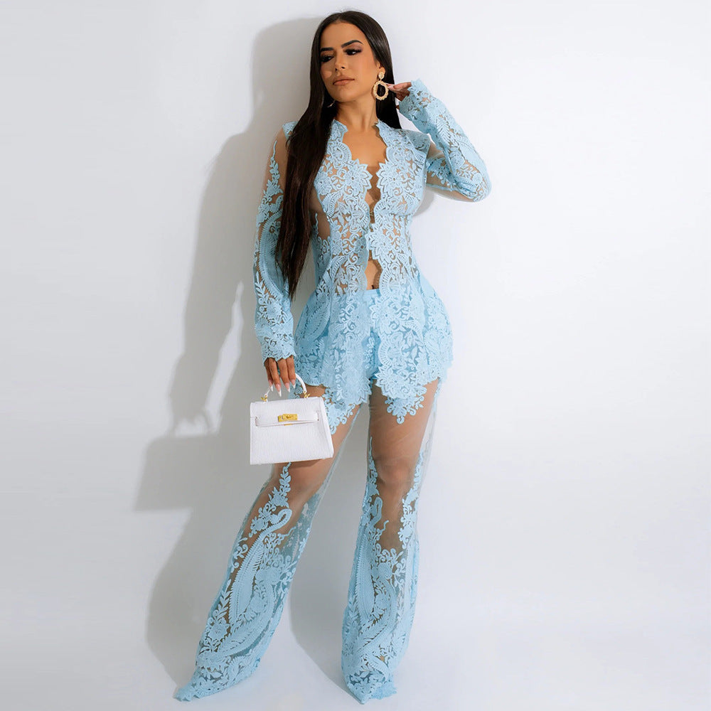 Lace Long-Sleeve Set with Sheer Detailing - Chiccharm