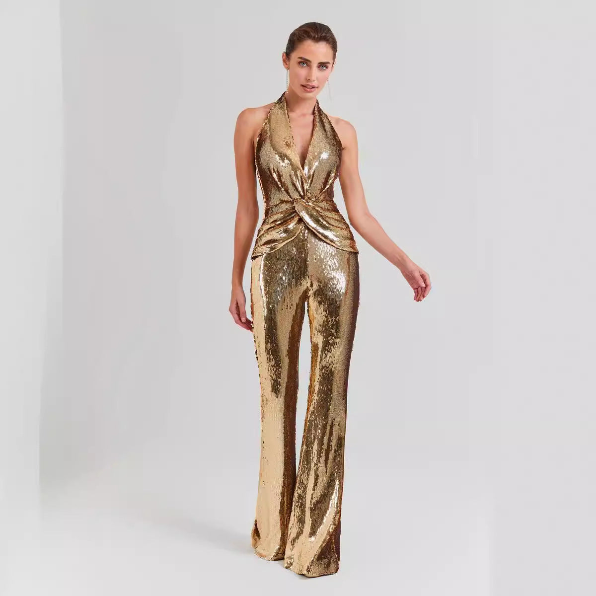 Backless Gold Sequined Jumpsuit