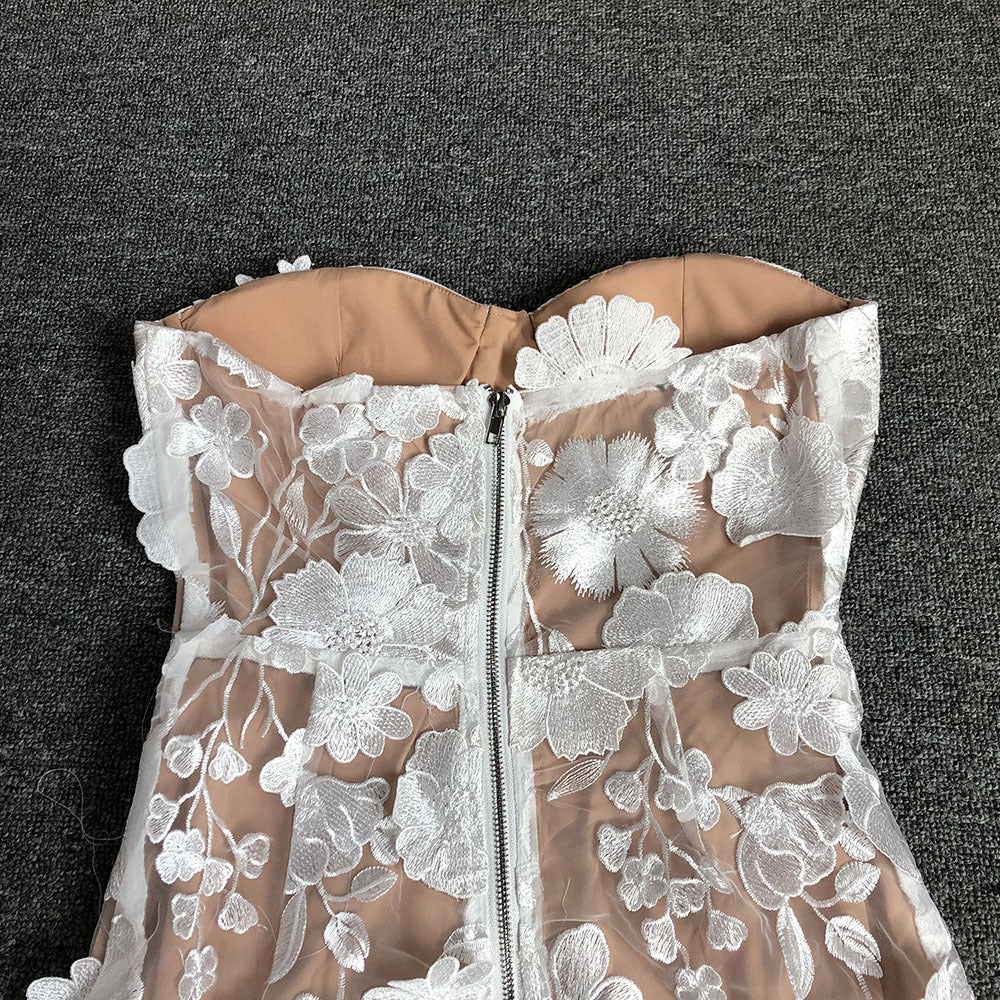 Strapless Floral Lace Midi Dress