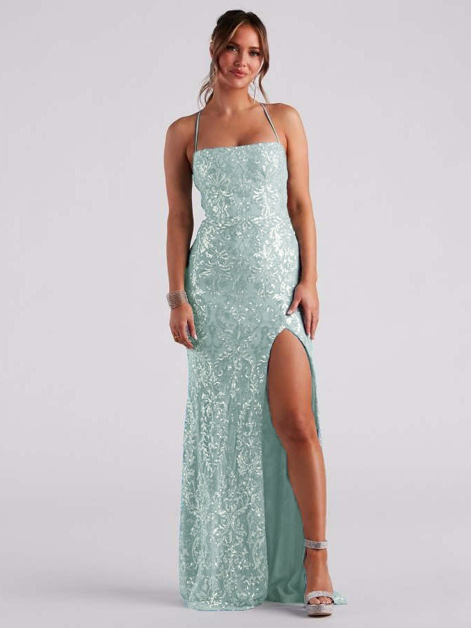 Sequined Halter Neck Dress with High Slit - Chiccharm
