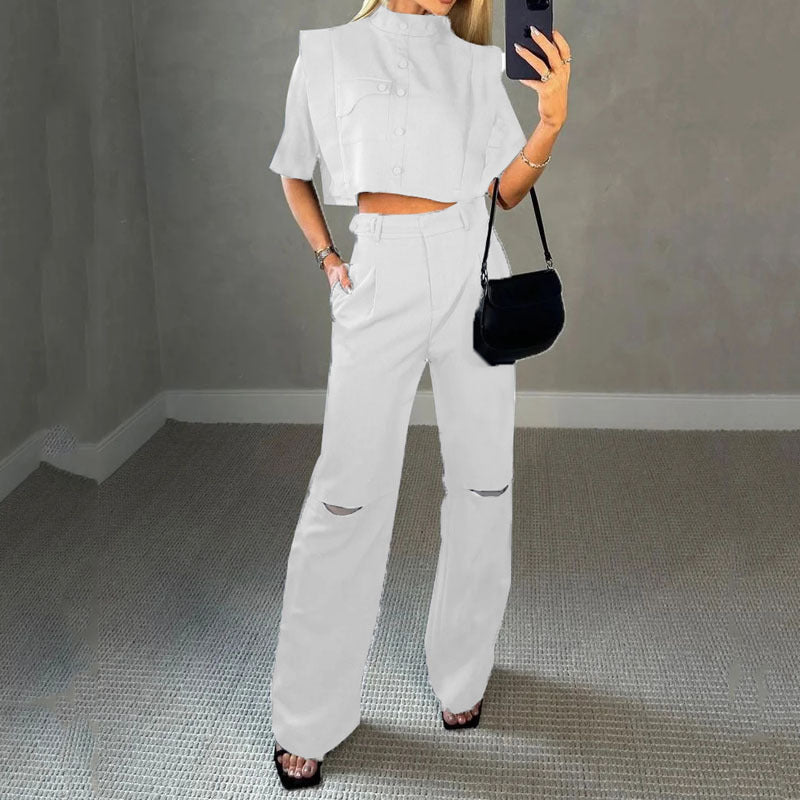 Short-Sleeve Cropped Jacket and Trousers Suit - Chiccharm