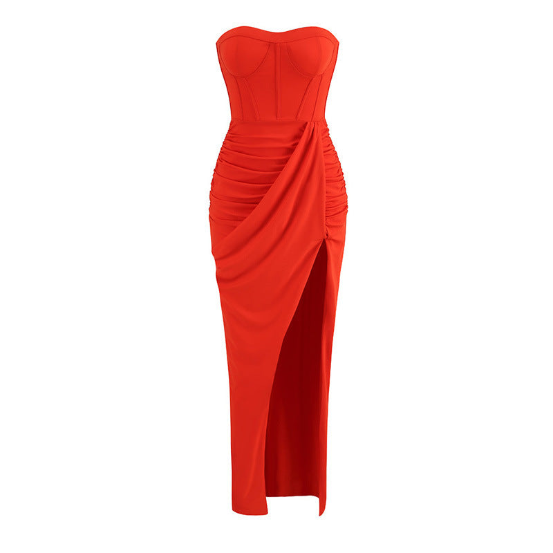 Draped Bustier Maxi Dress with Thigh-High Split - Chiccharm