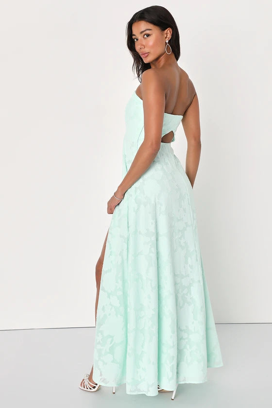 Strapless Embroidery Dress with Front Slit - Chiccharm