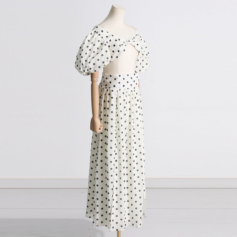 Square-neck Puff Sleeve Polka Dot Dress Suit - Chiccharm