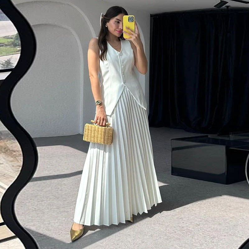 Vest with Maxi Pleated Skirt Two-piece Set - Chiccharm