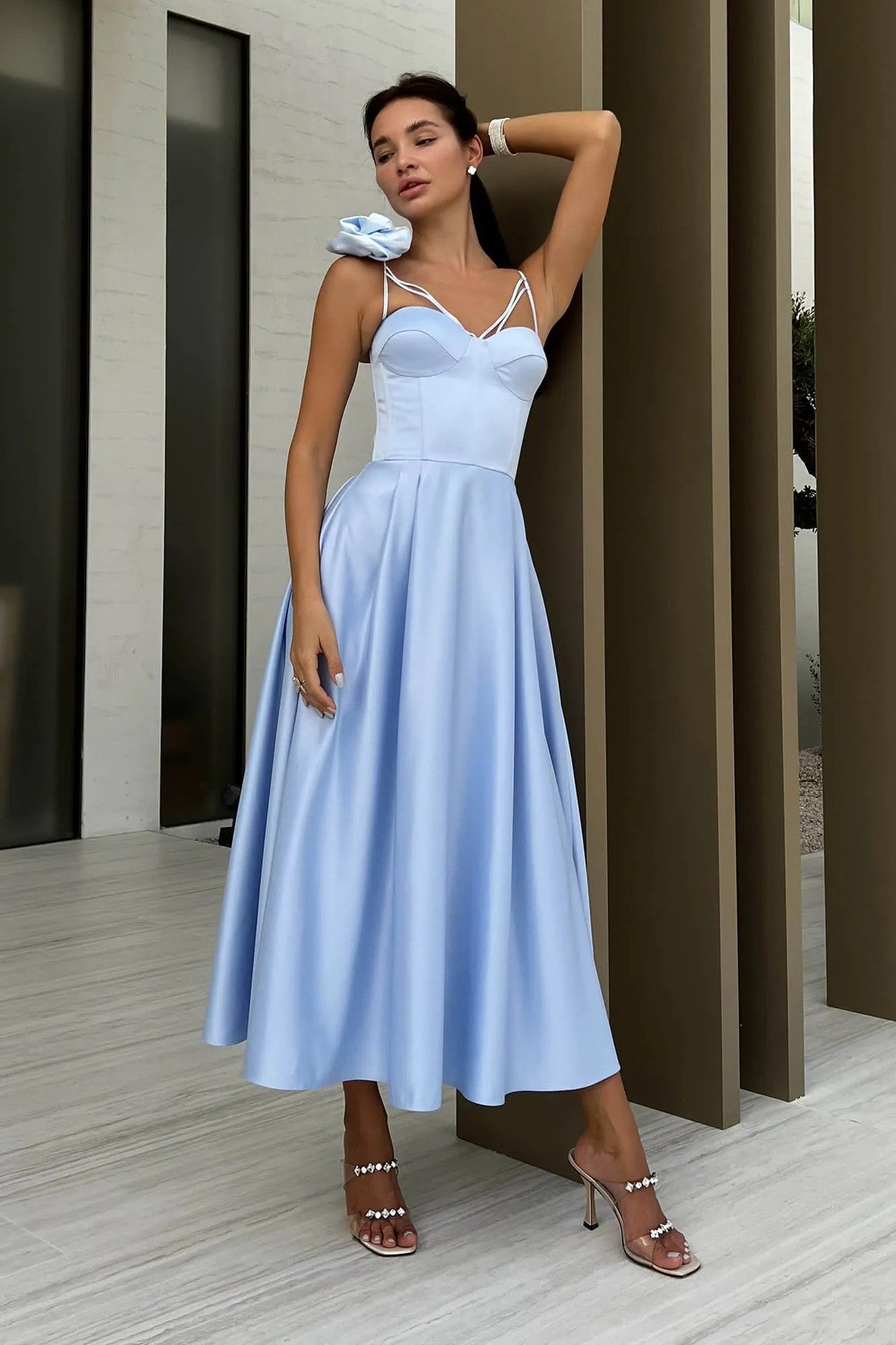 Elegant Midi Dress with Flower Shoulder Accent - Chiccharm