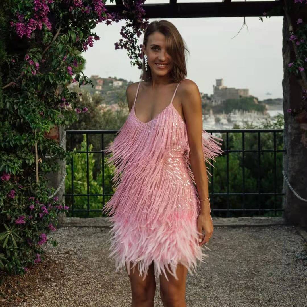 Tassel Sequins Feather Stitching Dress - Chiccharm