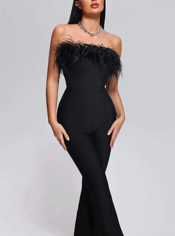 Strapless Feather Trim Fitted Jumpsuit