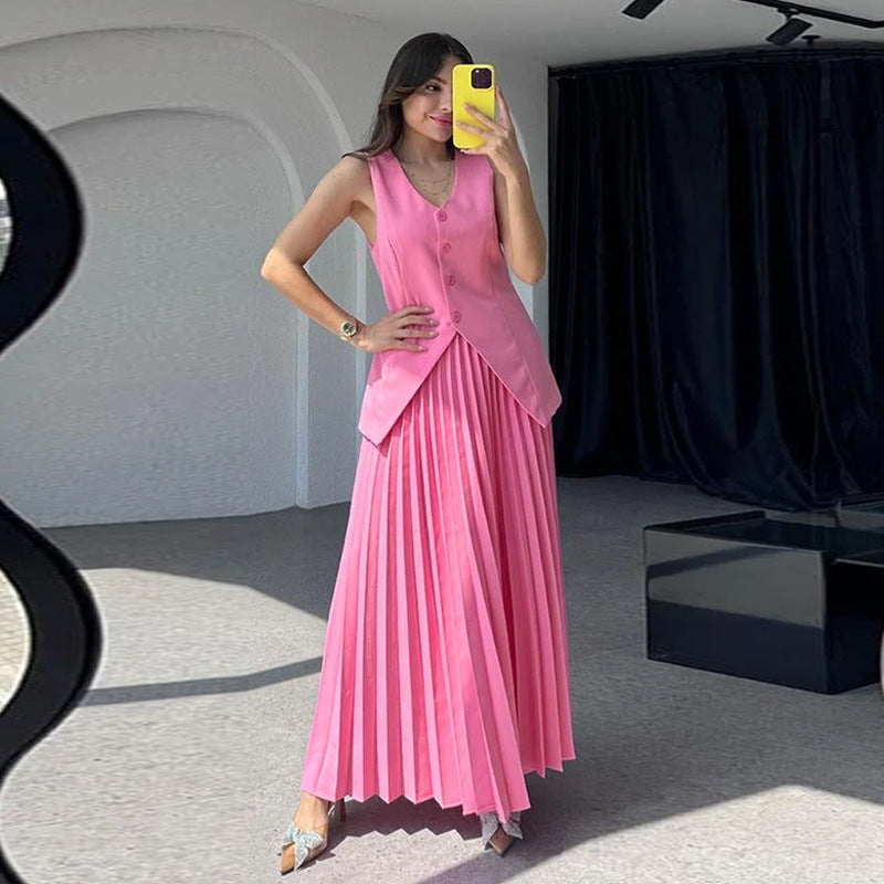 Vest with Maxi Pleated Skirt Two-piece Set - Chiccharm