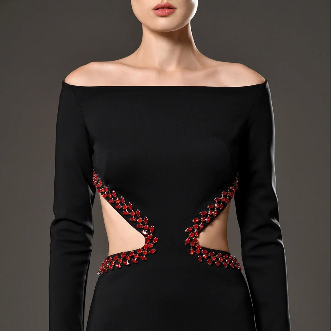 Crystal Cutout Long-Sleeve Dress