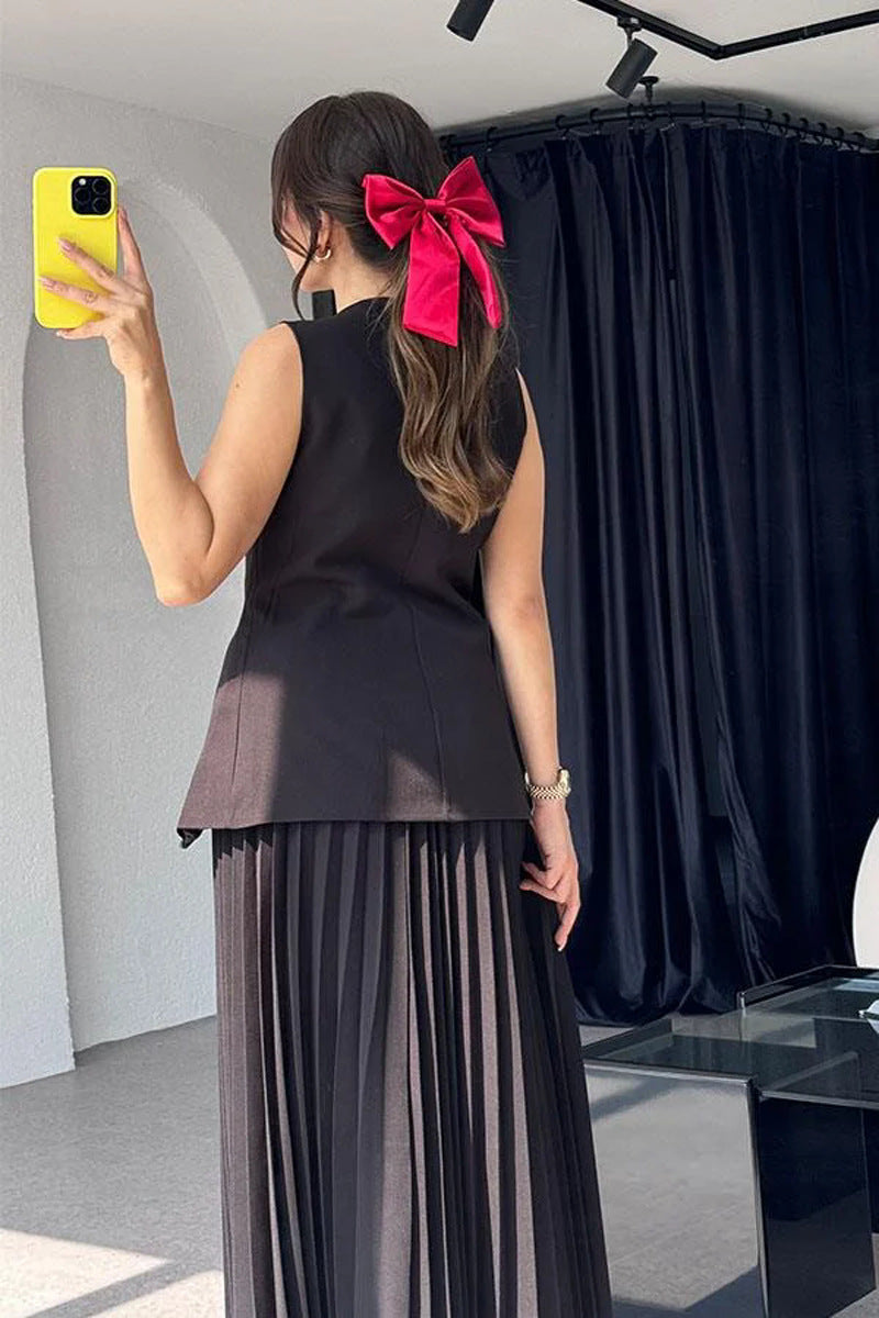 Vest with Maxi Pleated Skirt Two-piece Set - Chiccharm