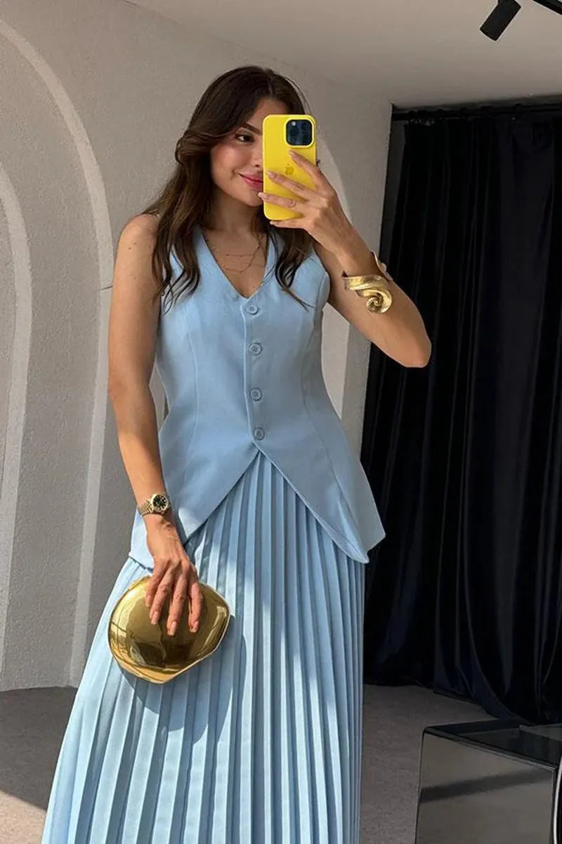 Vest with Maxi Pleated Skirt Two-piece Set - Chiccharm