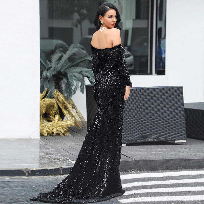 Strapless Long Sleeve Sequins Party Dress