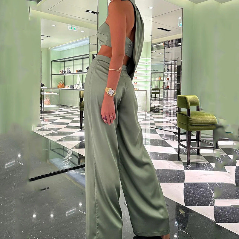 Asymmetrical Halter Crop Top and Wide-Leg Trousers Set - Chiccharm