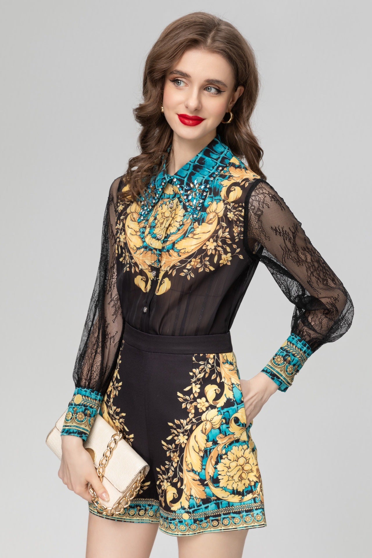 Baroque Print Long Sleeve Top Shorts Suit - Chiccharm