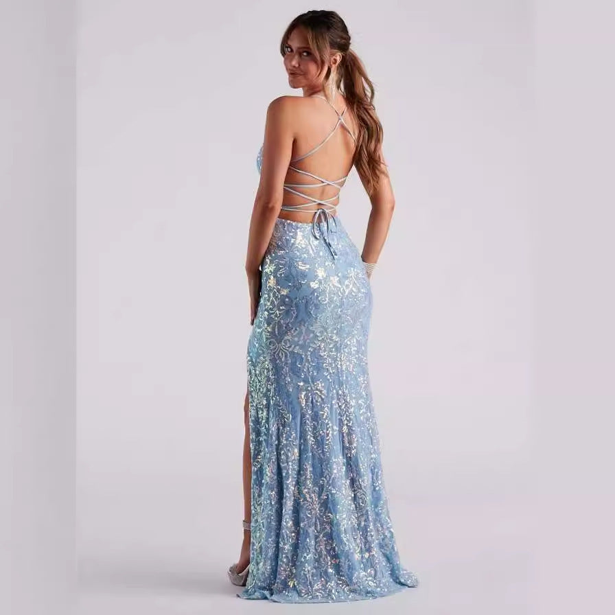 Sequined Halter Neck Dress with High Slit - Chiccharm