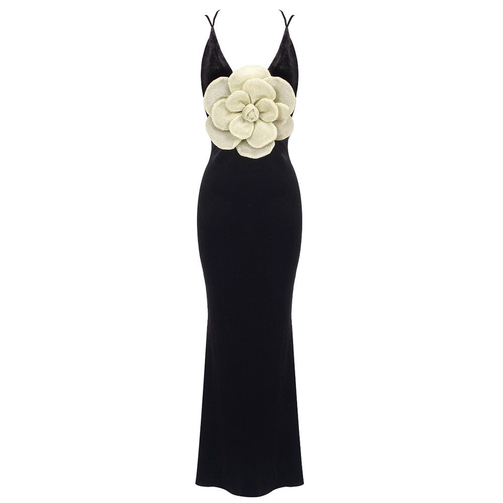 Velvet Gown with Gold Floral Accent