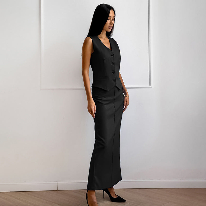 Sleeveless Buttoned Long Skirt Suit - Chiccharm
