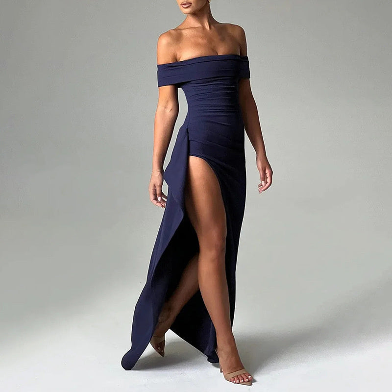 Off-Shoulder Ruched Slit Evening Gown - Chiccharm