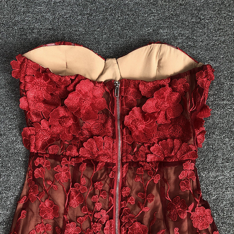 Strapless Floral Lace Midi Dress