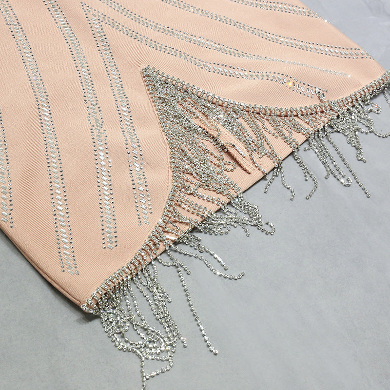 Strapless Fringe Detail Beaded Dress