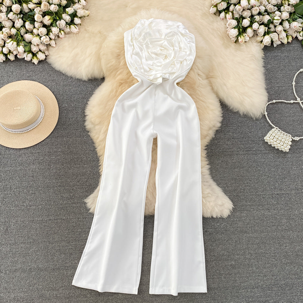 Strapless Floral Appliqué Wide-Leg Jumpsuit
