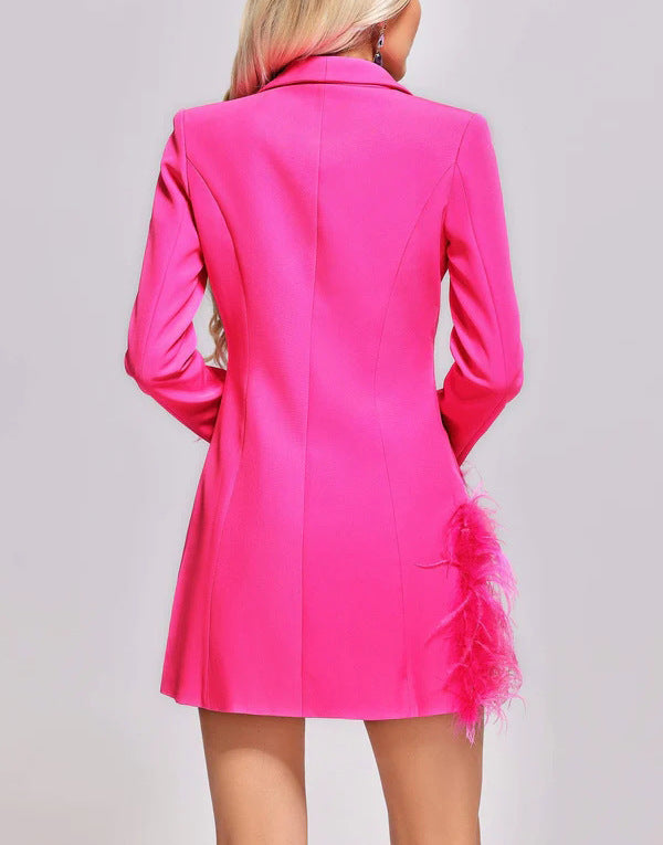 Feather Trim Long Sleeve Blazer Dress