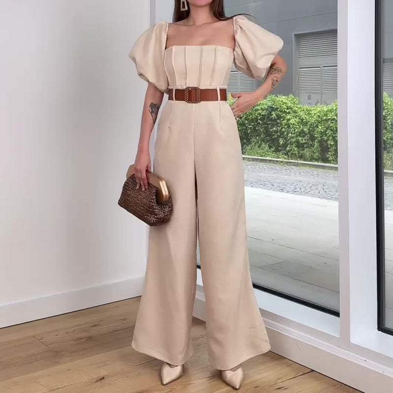 Off-Shoulder Puff Sleeve Straight Jumpsuit