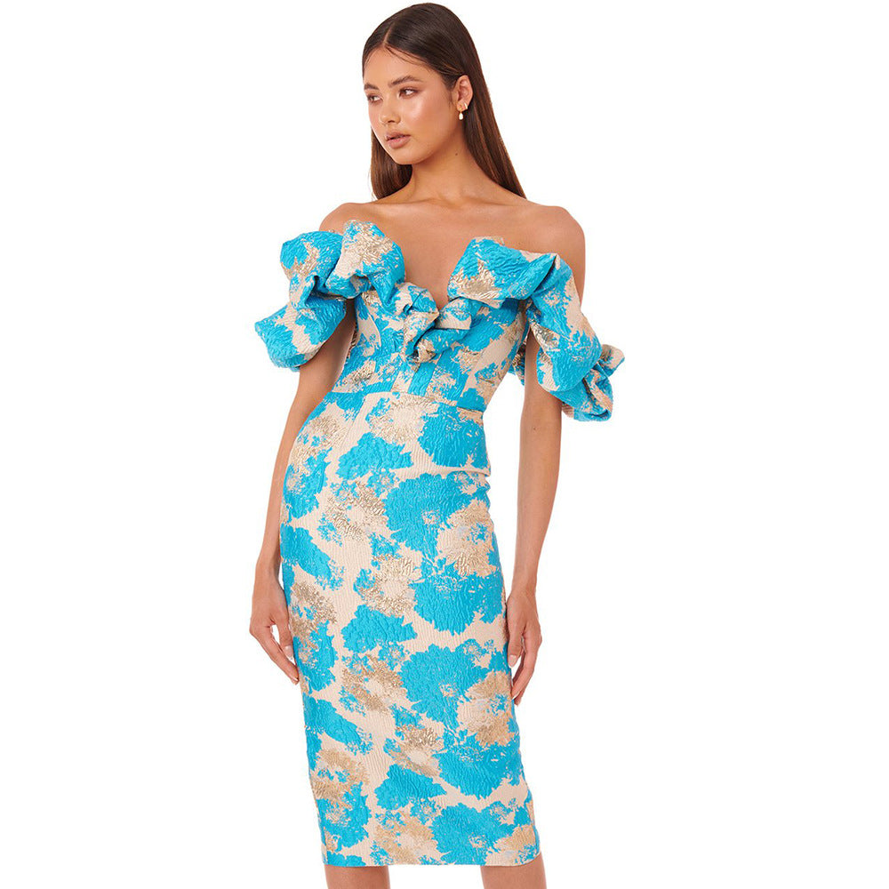 Off-Shoulder Floral Textured Bodycon Dress - Chiccharm