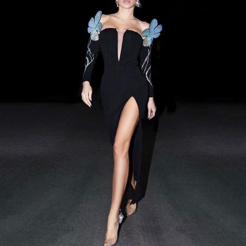 Embellished Plunge High-Slit Gown
