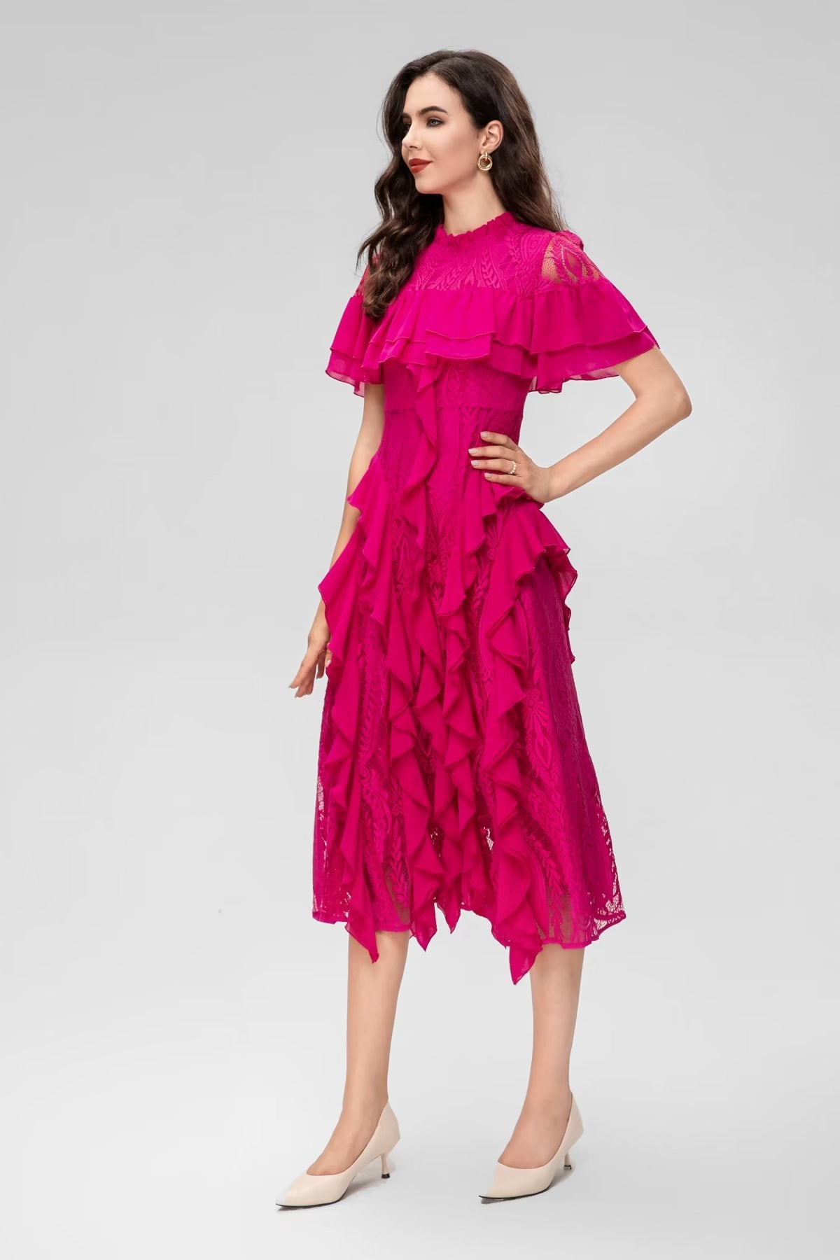 Layered Ruffle Lace Midi Dress - Chiccharm