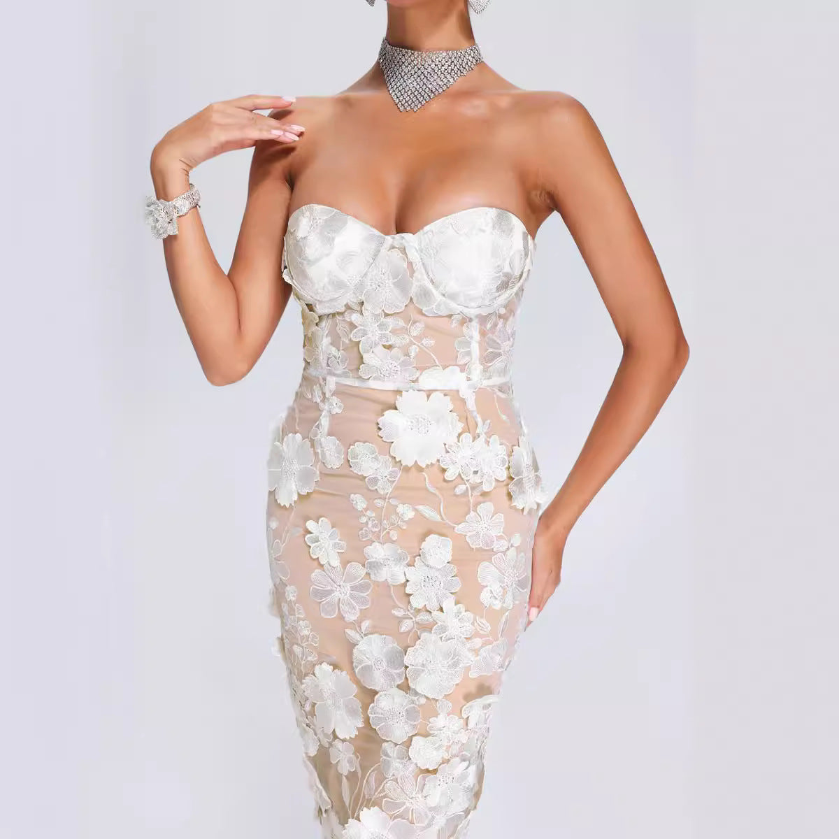 Strapless Floral Lace Midi Dress