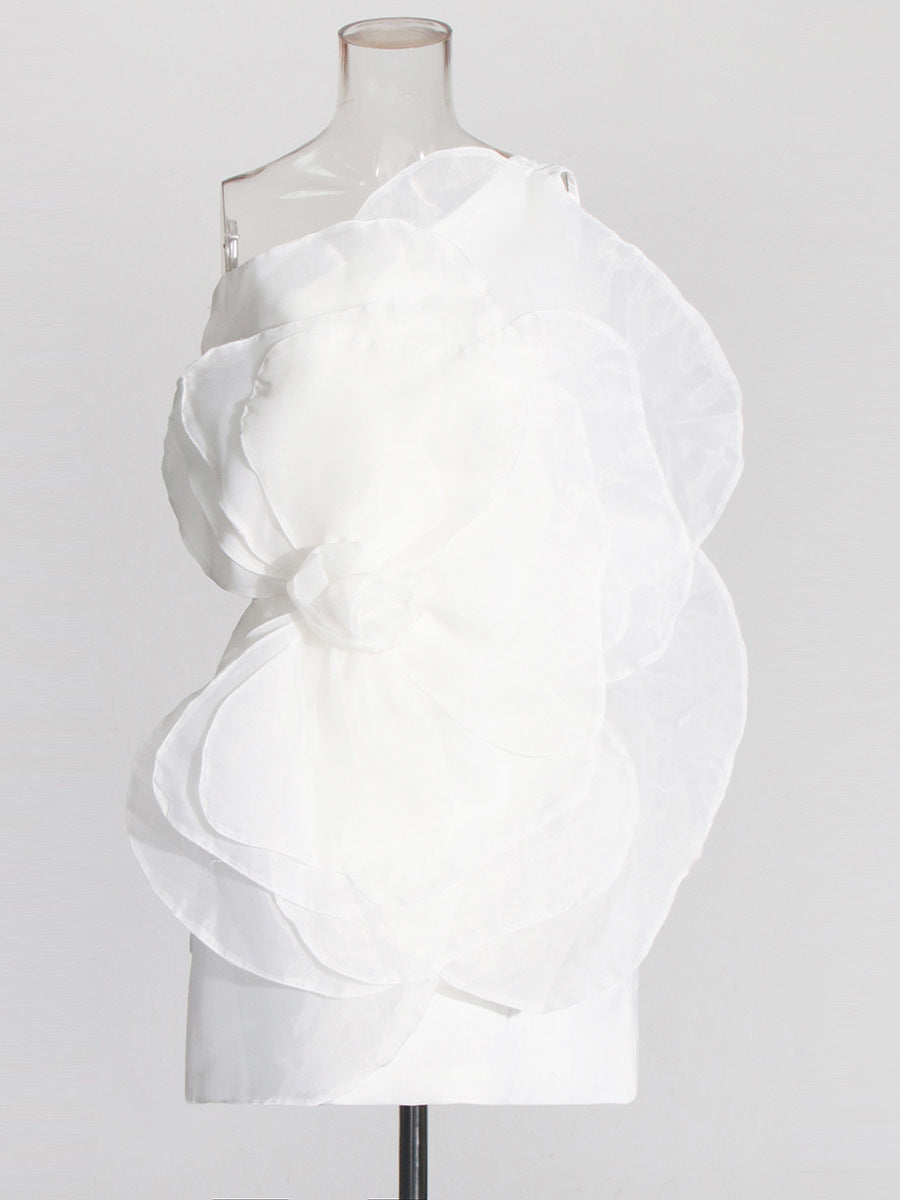 One-Shoulder Floral Appliqué Mini Dress