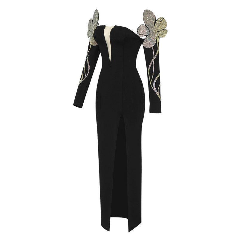 Embellished Plunge High-Slit Gown
