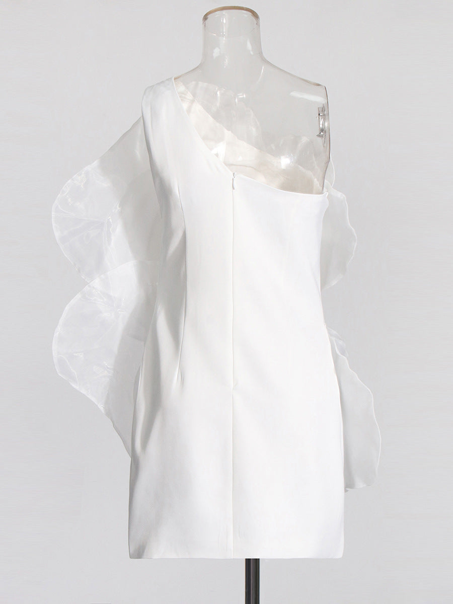 One-Shoulder Floral Appliqué Mini Dress