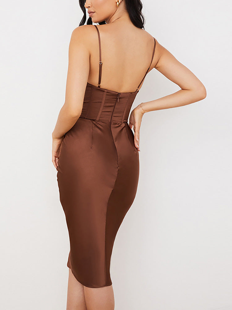Structured Satin Pleated Midi Dress - Chiccharm