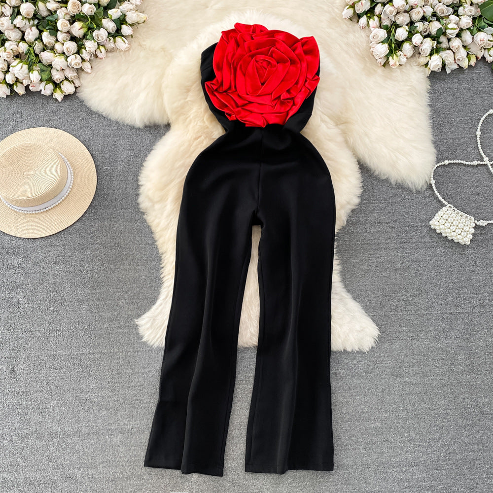 Strapless Floral Appliqué Wide-Leg Jumpsuit