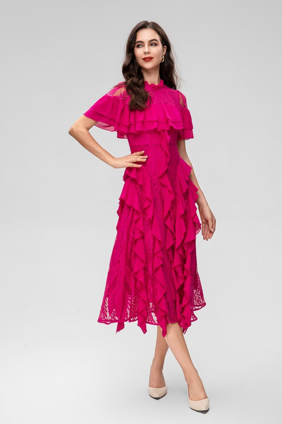 Layered Ruffle Lace Midi Dress - Chiccharm