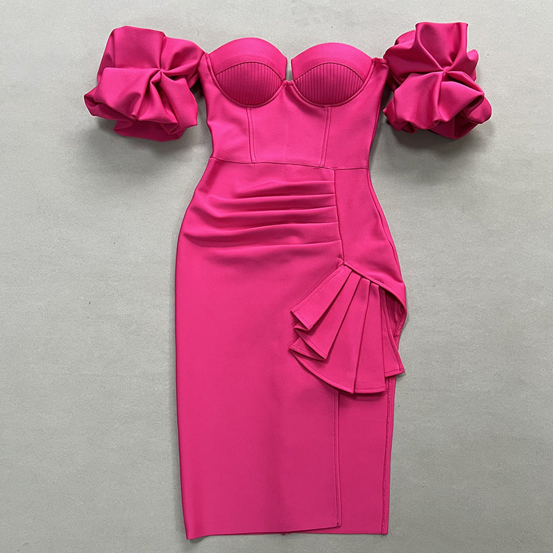 Off-Shoulder Ruched Midi Dress with Statement Sleeves - Chiccharm
