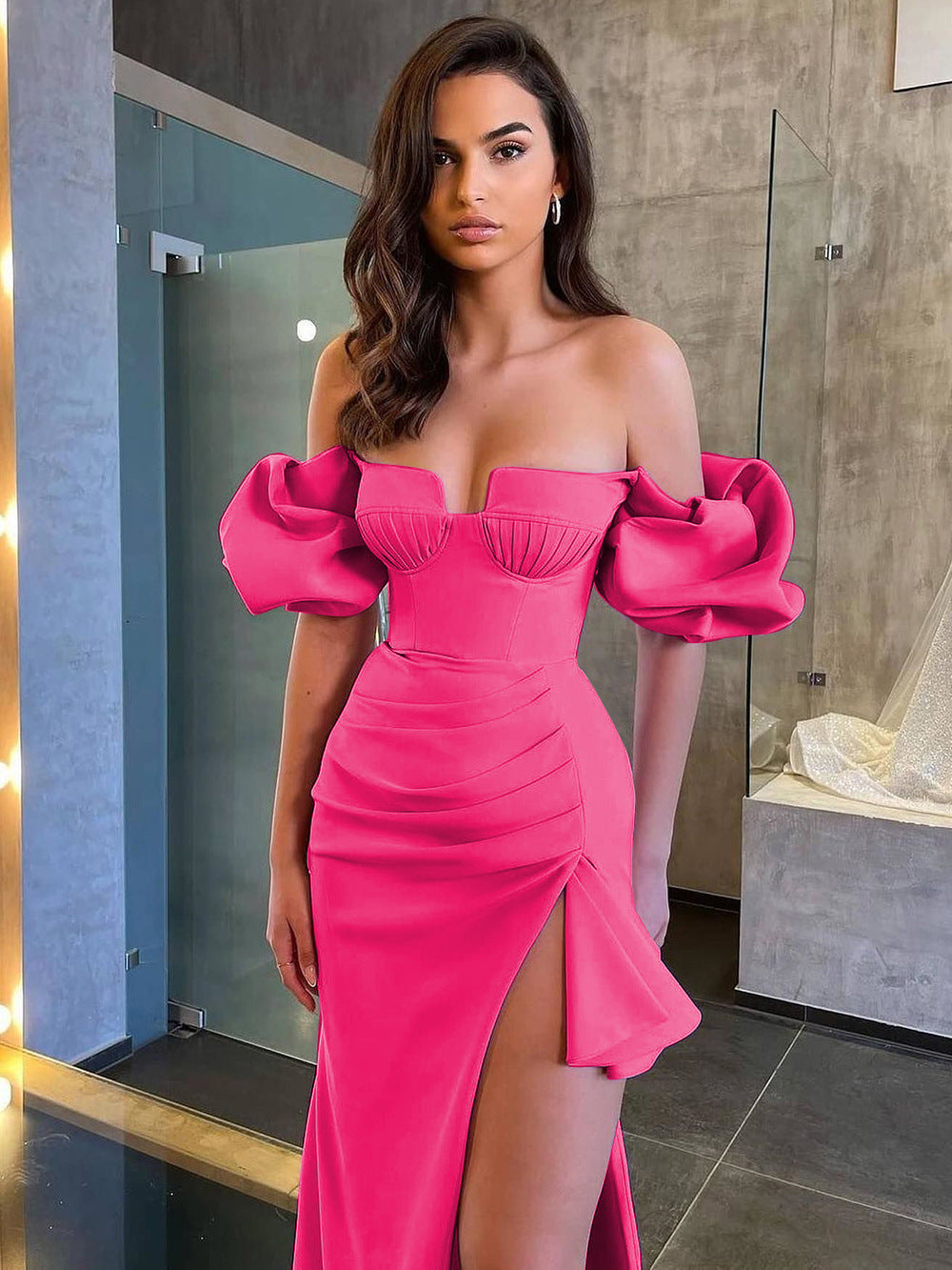 Off-Shoulder Ruched Midi Dress with Statement Sleeves - Chiccharm