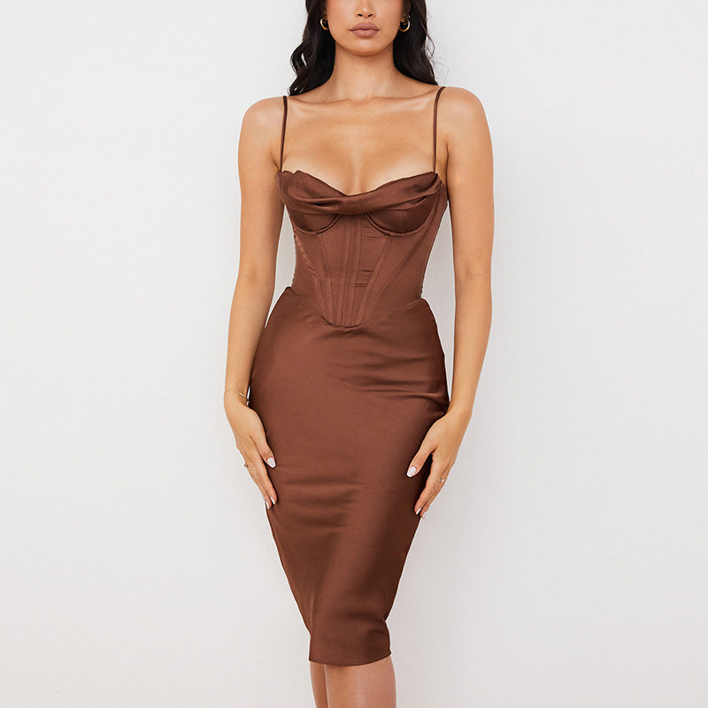 Structured Satin Pleated Midi Dress - Chiccharm