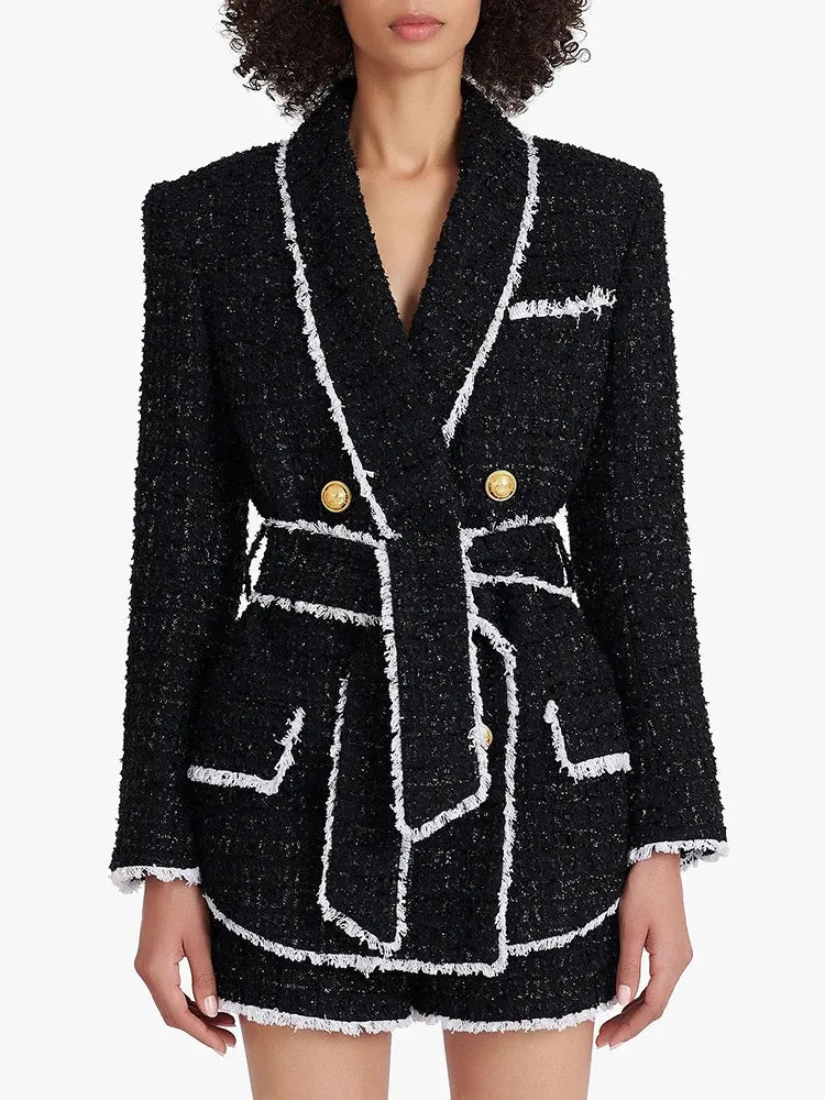 Belted Contrast-Trim Double-Breasted Blazer