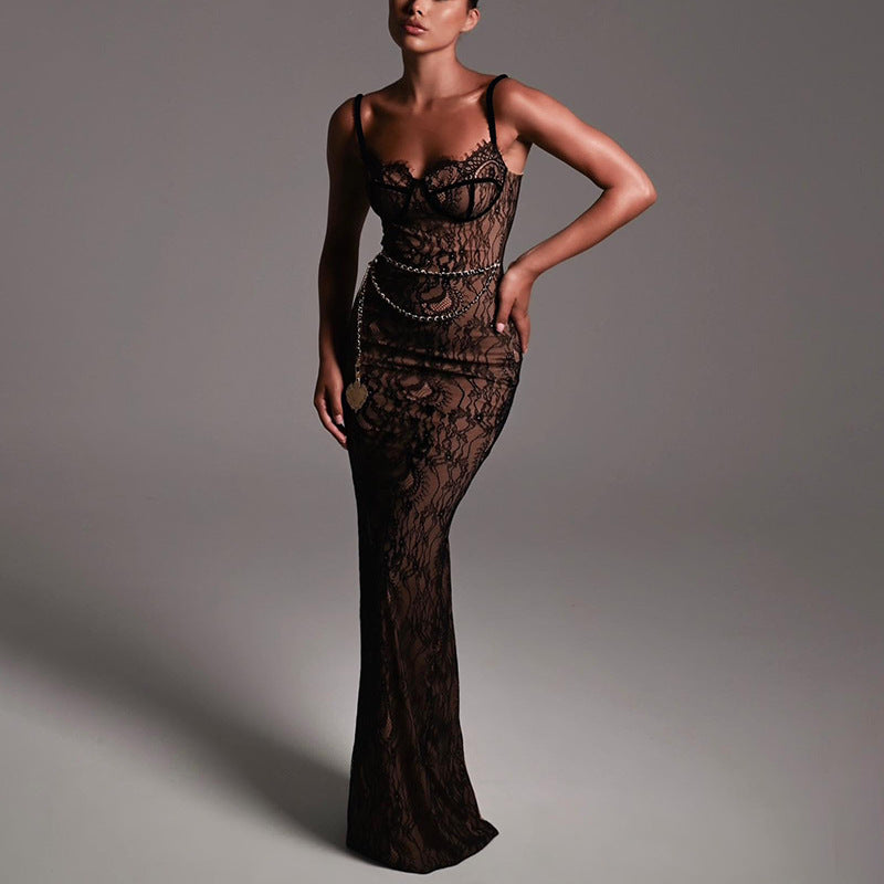 Lace Splicing Sling Long Dress