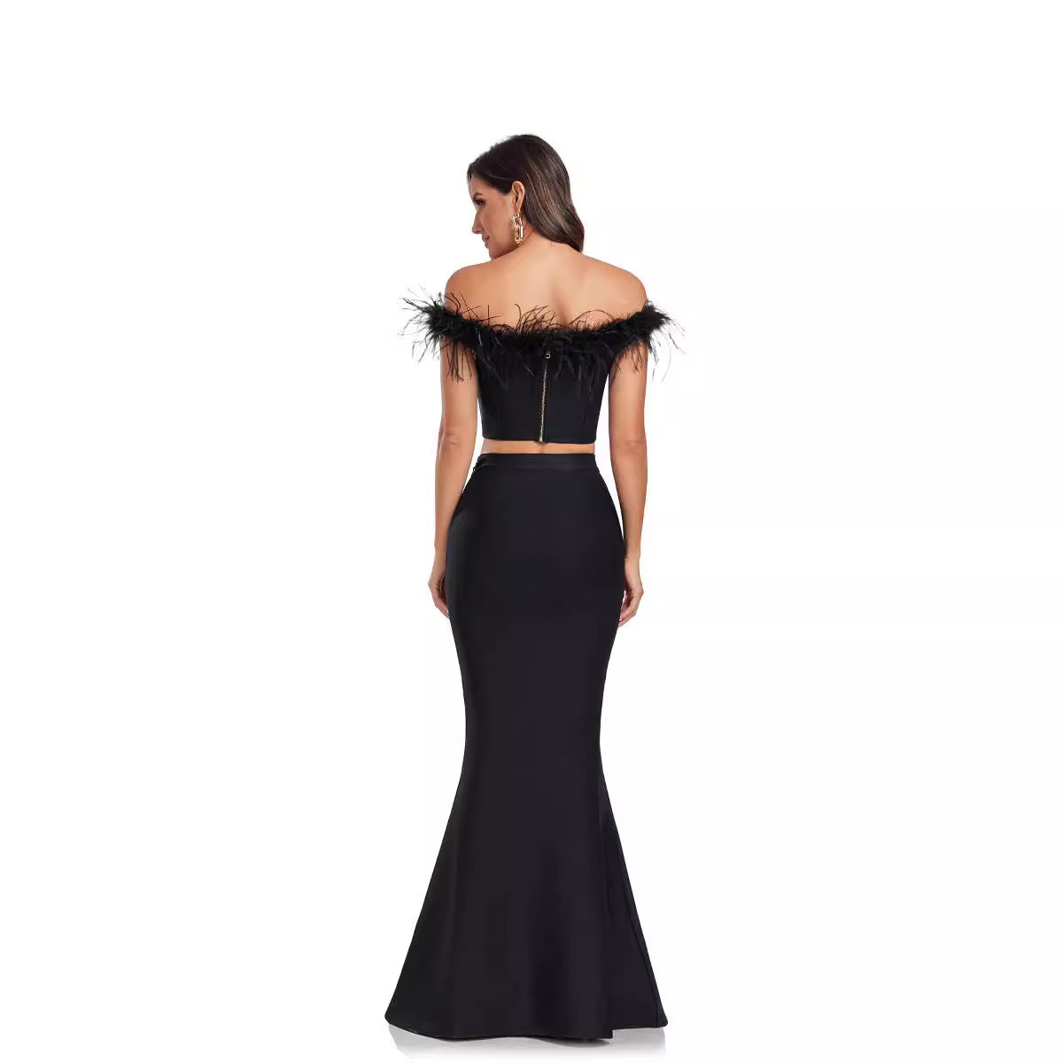 Feather Trim Corset Gown Set