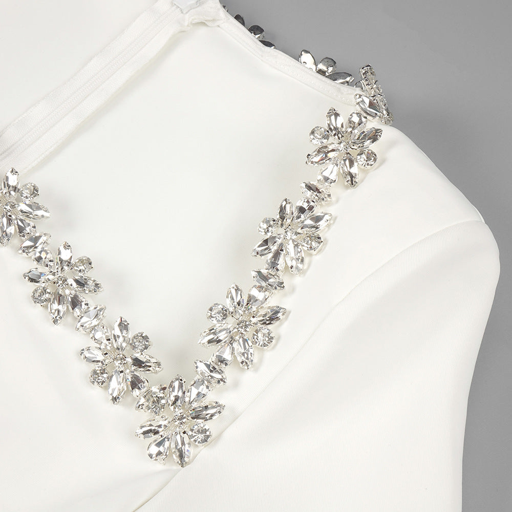 Crystal Trim Square Neck White Dress