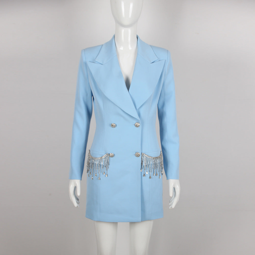 Double-Breasted Crystal Accent Blazer Dress - Chiccharm