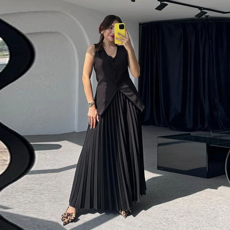Vest with Maxi Pleated Skirt Two-piece Set - Chiccharm